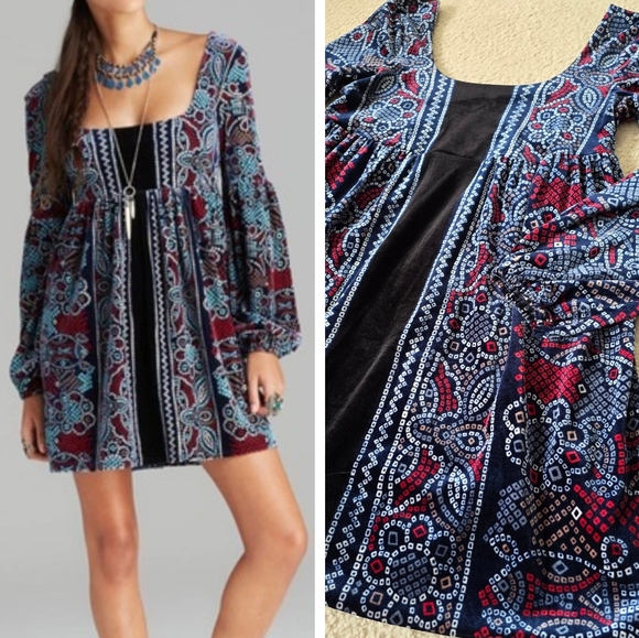 Free People Dresses & Skirts - FREE PEOPLE OH SO EASY VELVET BABYDOLL DRESS IN BLUE COMBO Womens Size Small